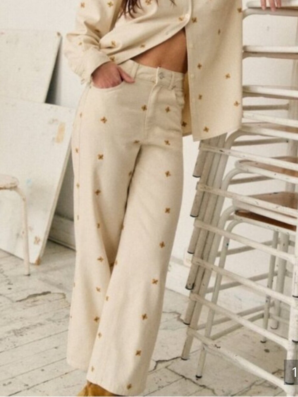 Sezane X Lucia Vergara Icon Detail Pants, Neutral Chic, Novelty Print, Size 38/6